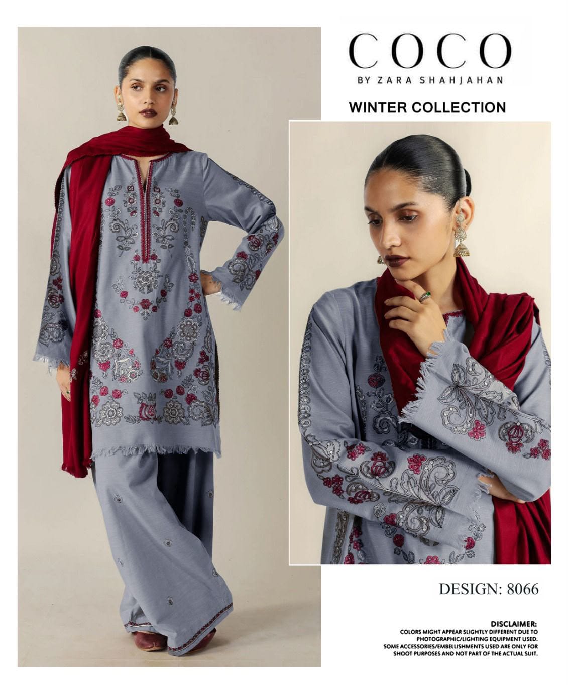 Elegant Grey & Maroon Embroidered 3-Piece Winter Suit