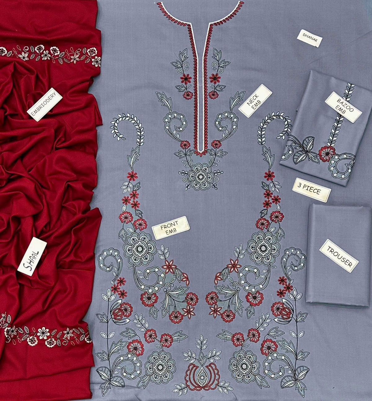 Elegant Grey & Maroon Embroidered 3-Piece Winter Suit