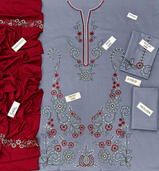 Elegant Grey & Maroon Embroidered 3-Piece Winter Suit
